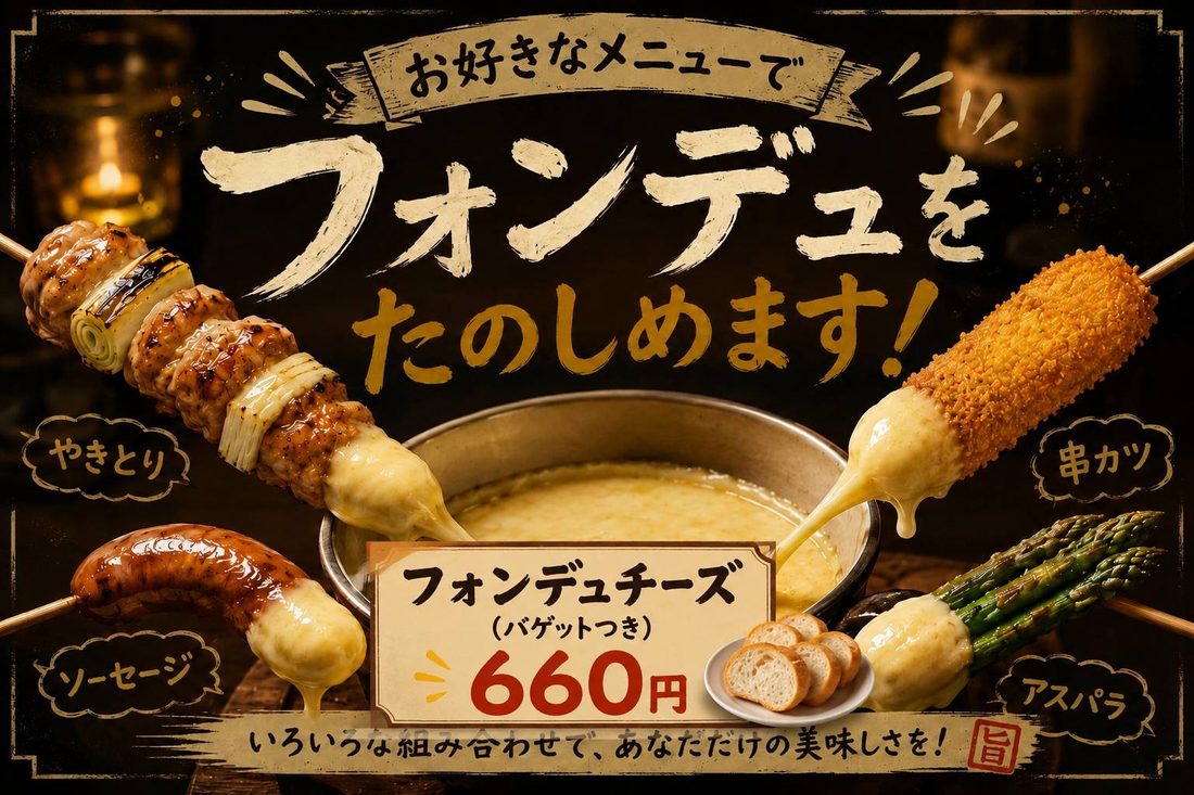 お好きな串を絡めて楽しむフォンデュチーズ